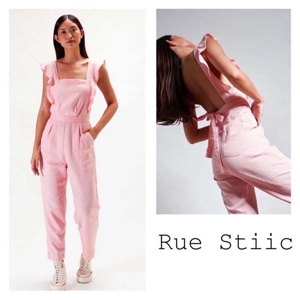 New! RUE STIIC “Lucia” Linen Blend Open Back Romper Jumpsuit in Blush Rose